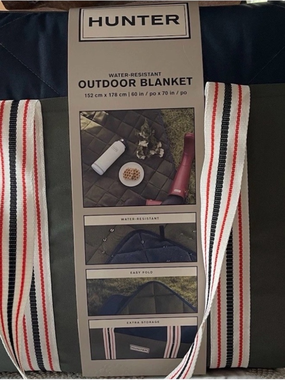 Hunter Olive and Navy Water-Resistant Outdoor Blanket with Striped Handles